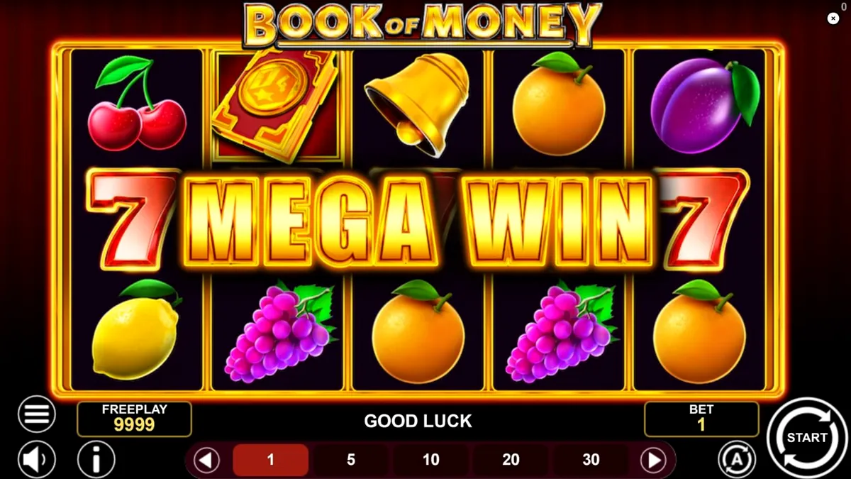Tampilan visual slot Book of Money dengan simbol buah dan buku kuno