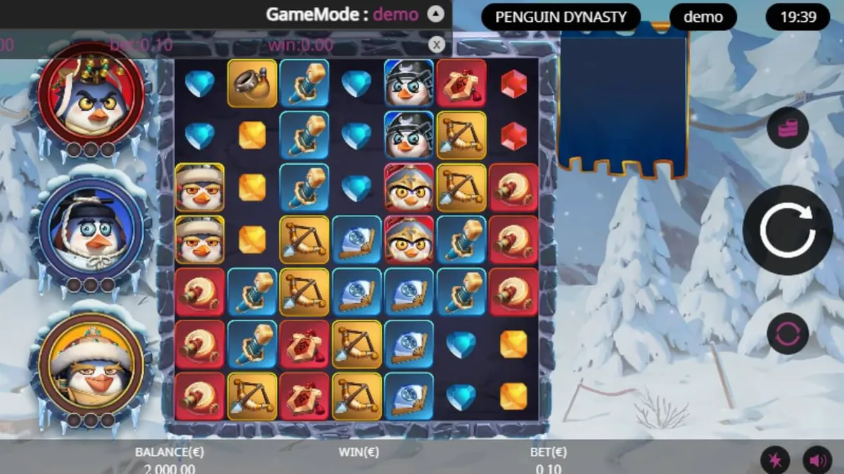 Tampilan visual slot Penguin Dynasty dengan tema istana es dan karakter penguin warrior.